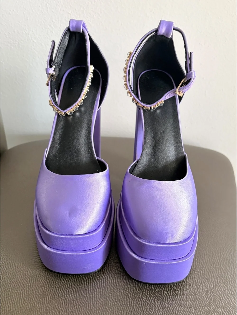 Y2K Purple Satin Platform Heels Size 8 Rhinestone Chunky High Heels